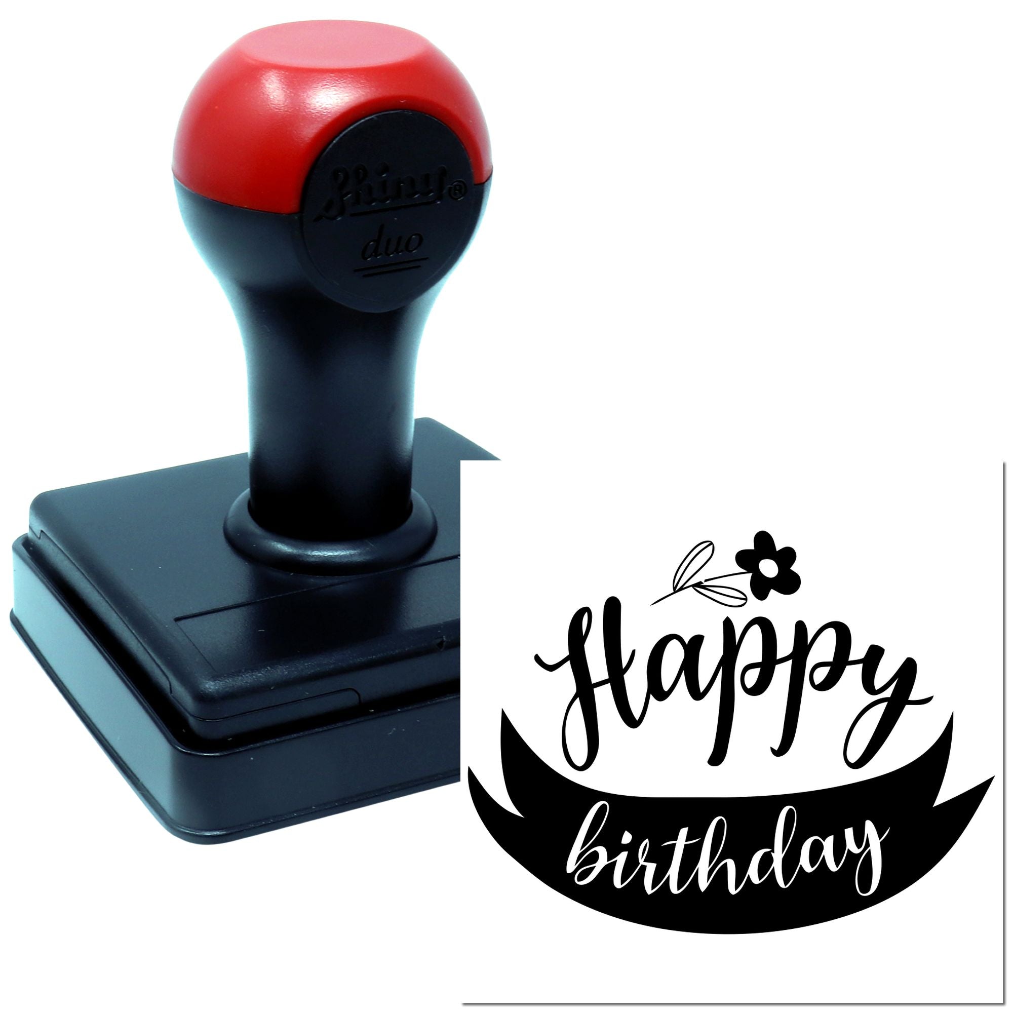 Happy Birthday rubber stamp with floral design, ideal for personalized cards, invitations, and gift packaging.