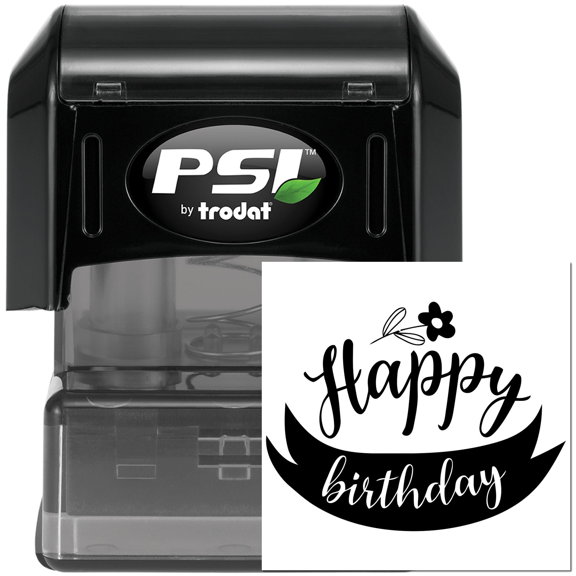 Custom Happy Birthday rubber stamp by PSI Trodat, self-inking stamp for birthday cards, invitations and gift packaging.