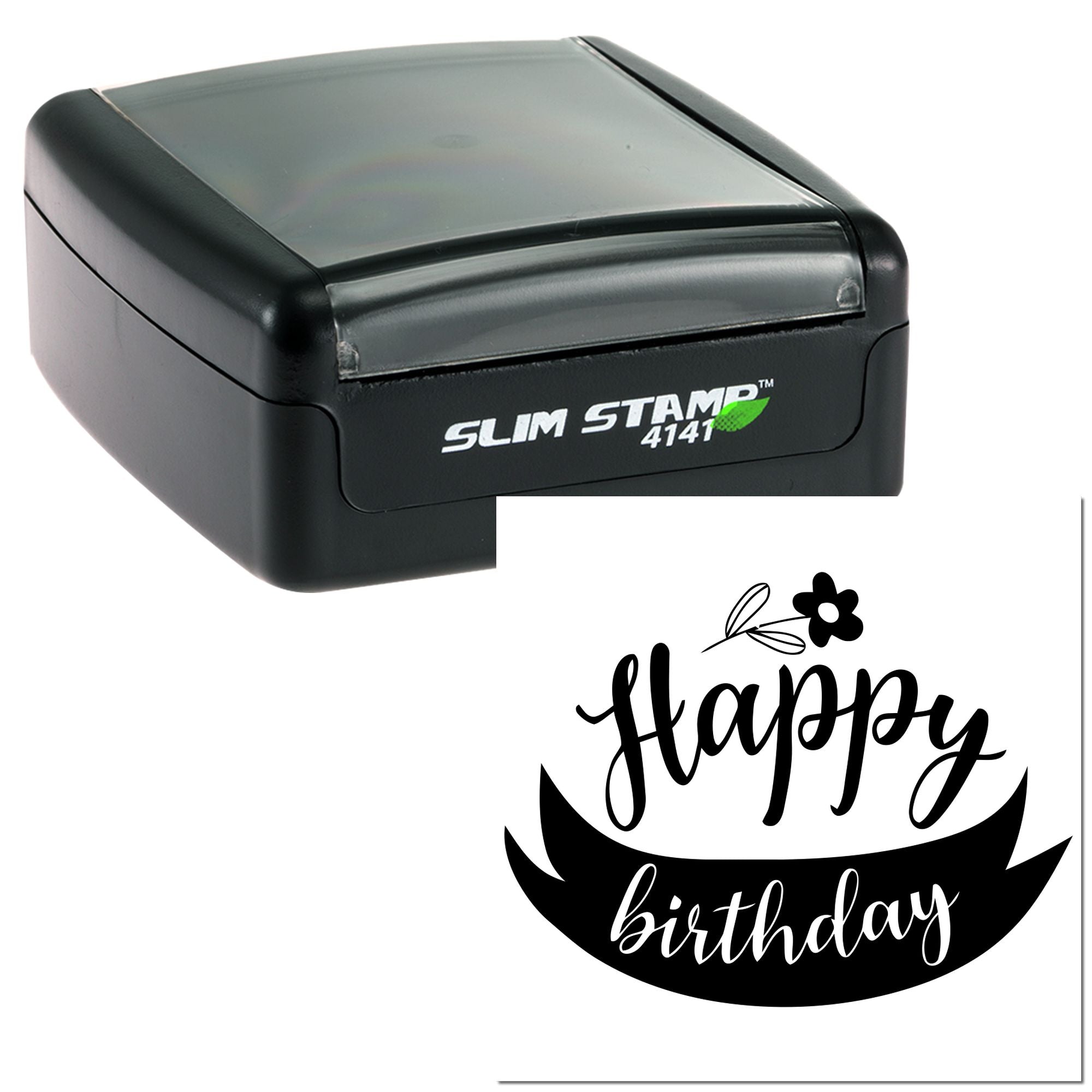 Slim Stamp 4141 self-inking rubber stamp with custom Happy Birthday design for birthday cards and party favors.