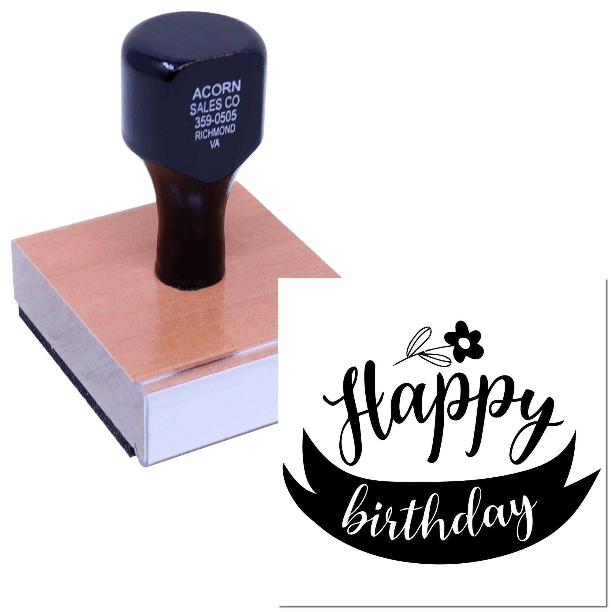 Custom Happy Birthday rubber stamp with floral script design and wood-mounted stamp block for cards and crafts.