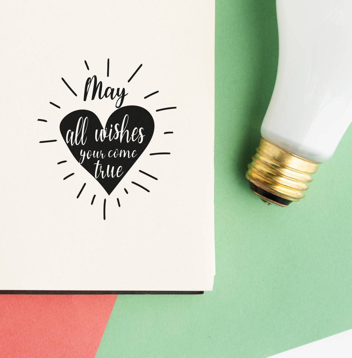 Wish Lettering Radiant Heart Stamp - Premium Vintage Pro Wooden imprint stamped in black ink. May appears above a dark heart containing all wishes you come true, surrounded by radiating lines.