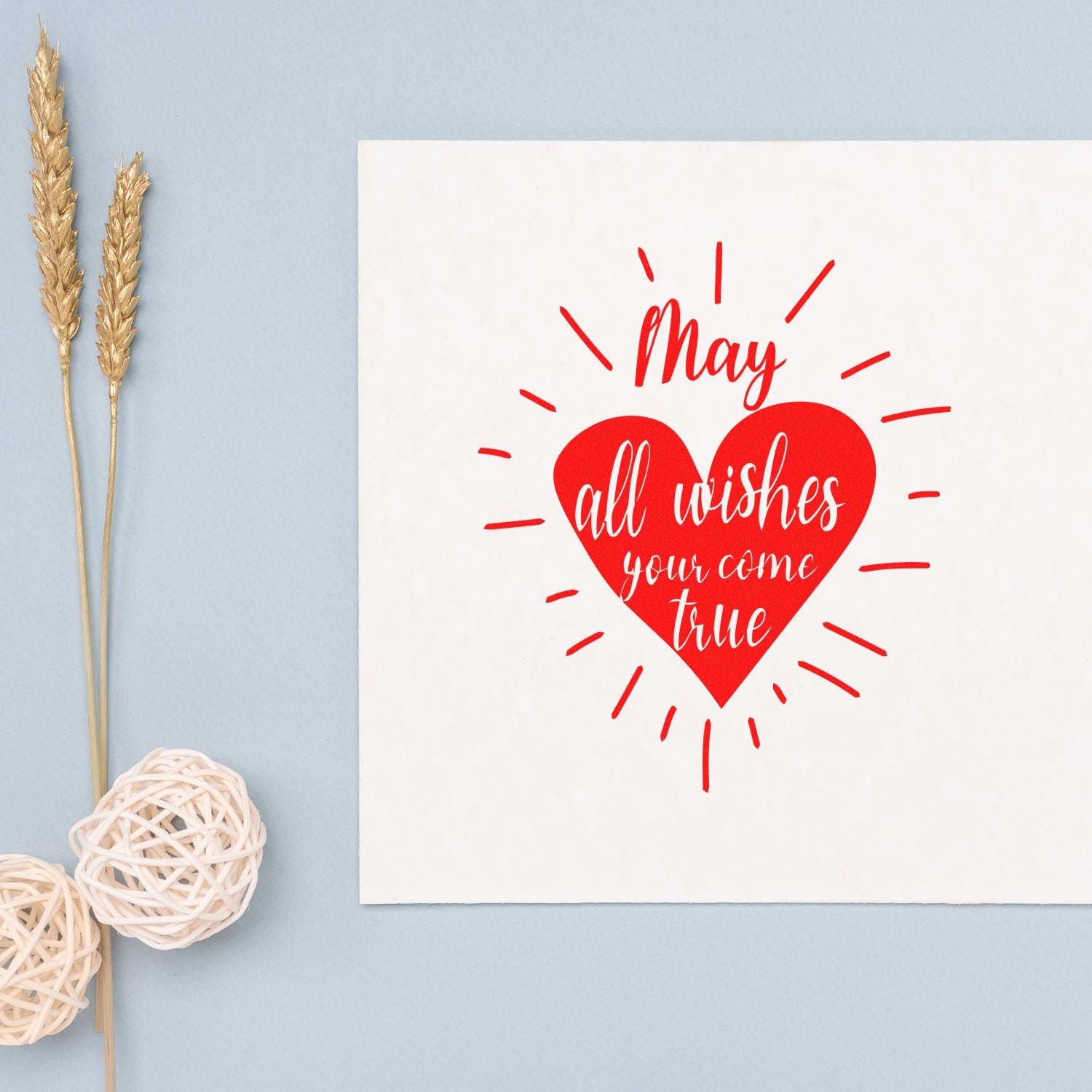 Red heart rubber stamp design with May all wishes come true for handmade cards and Valentines Day crafts.