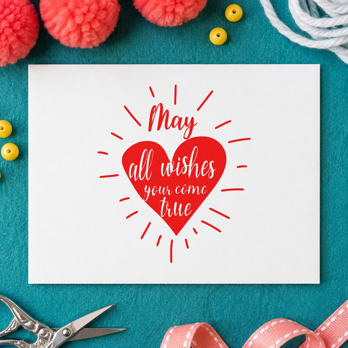 May Wishes Come True rubber stamp shown in red ink, stamped for projects such as bin handout labels.