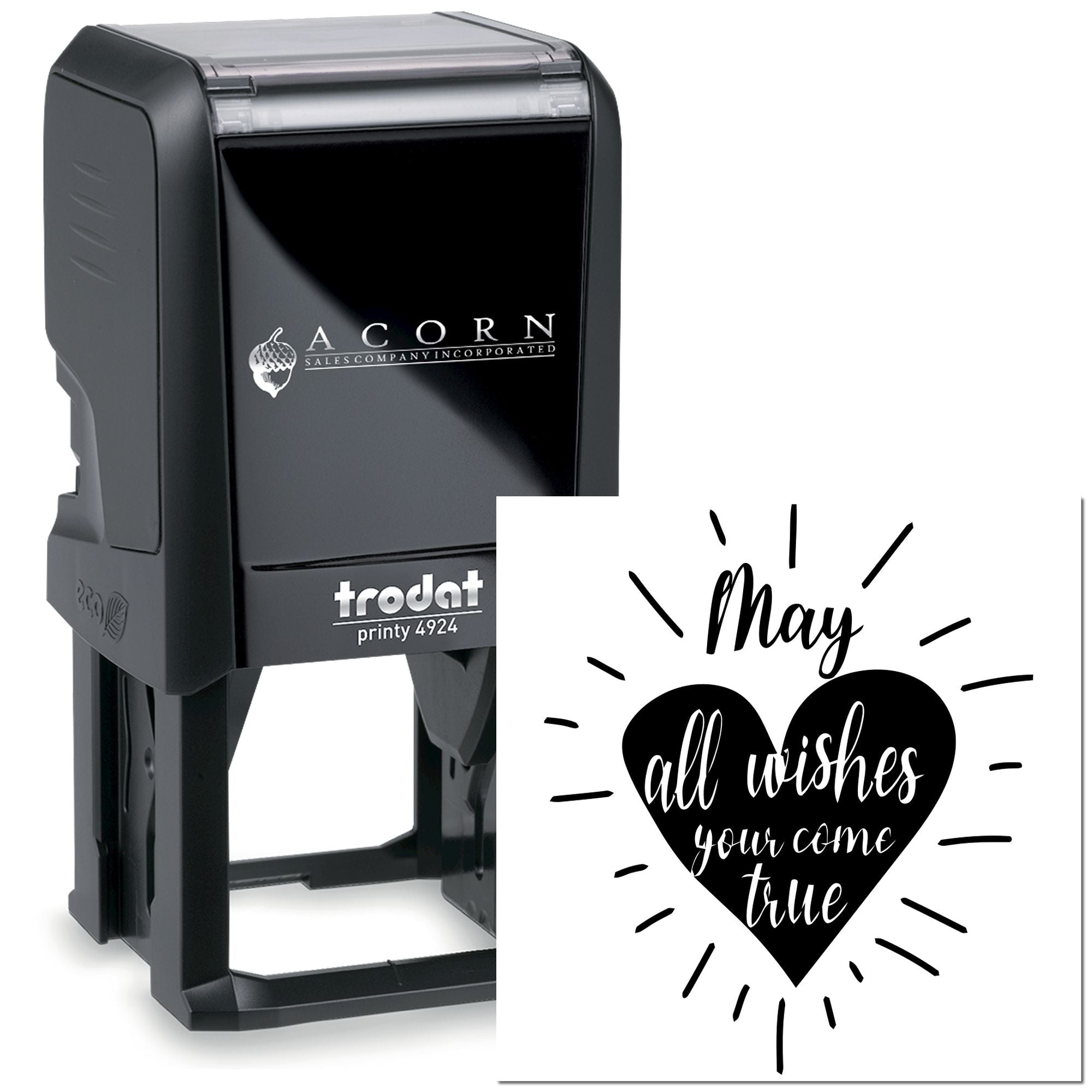 Custom self-inking rubber stamp with heart design and May all wishes come true quote for personalized cards and crafts.