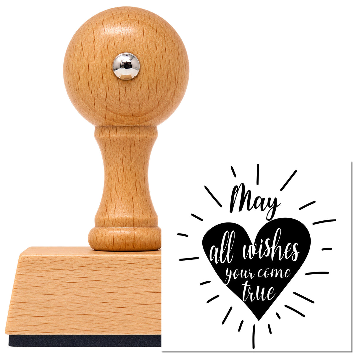 Wish Lettering Radiant Heart Vintage Pro rubber stamp in European beech wood with a round knob handle, shown beside its black imprint.