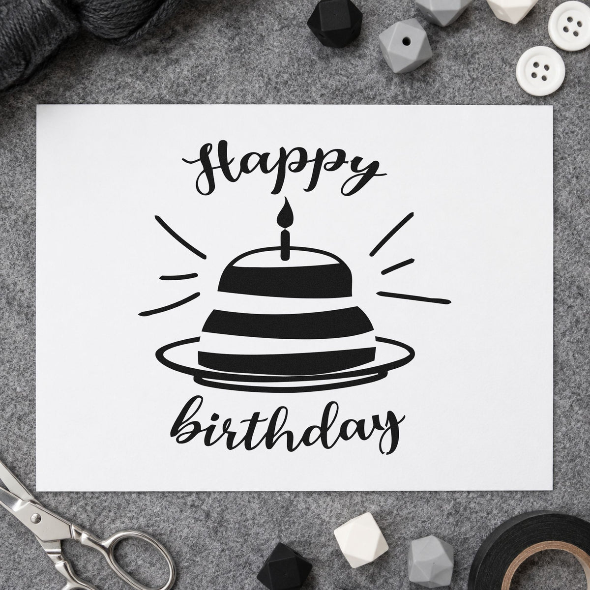 Happy Birthday Cake Rays craft stamp imprint in black ink on a handmade project, one idea being favor jar gift tags.