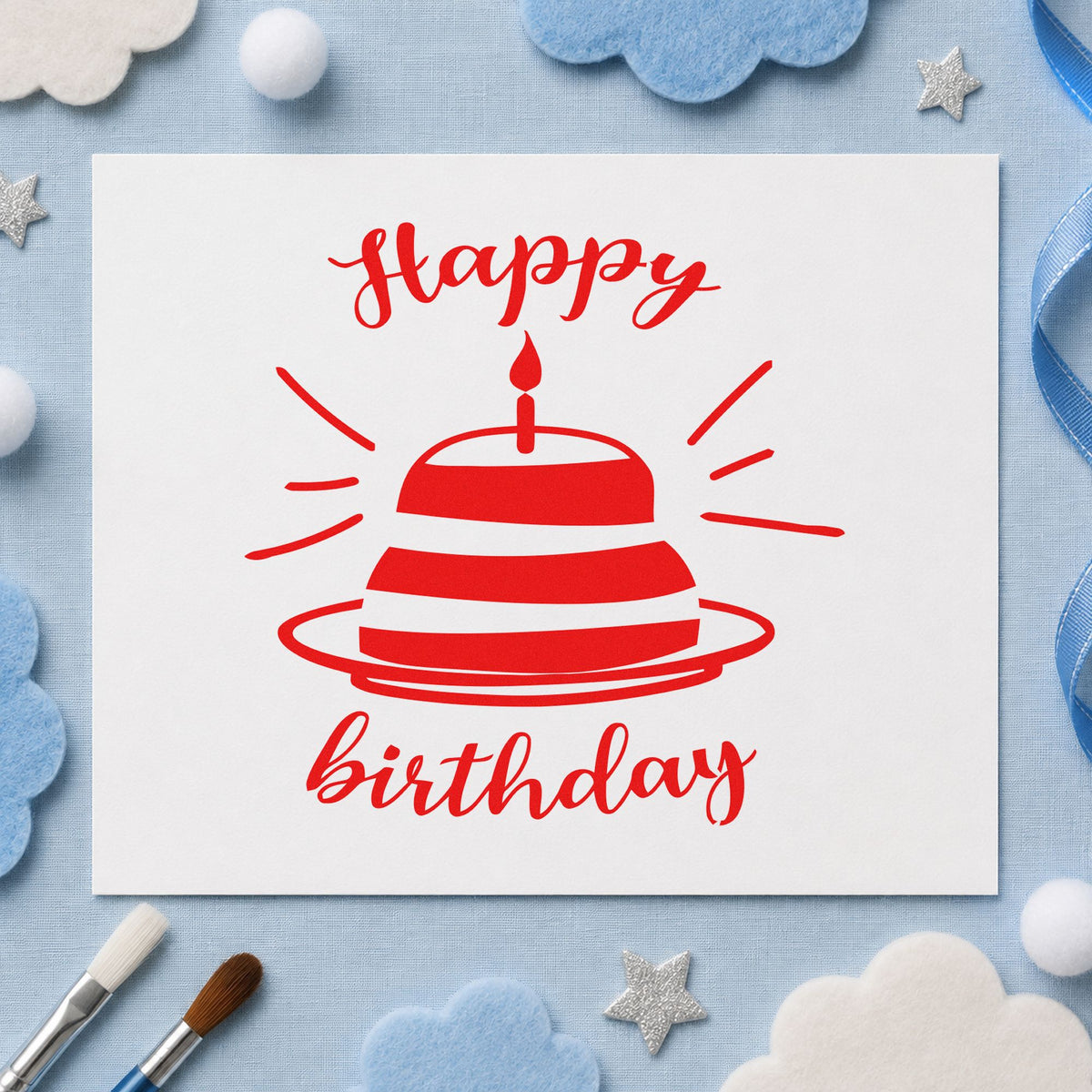 Happy Birthday Cake Rays rubber stamp shown in red ink, stamped for projects such as bin decor labels.