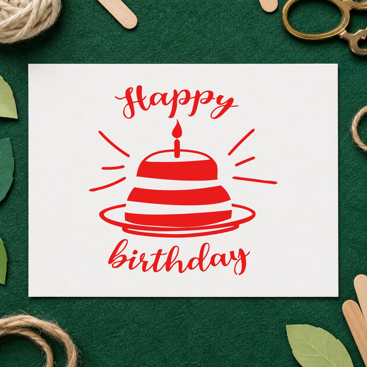 Happy Birthday Cake Rays craft stamp imprint in red ink on a handmade project, one idea being guest wish cards.