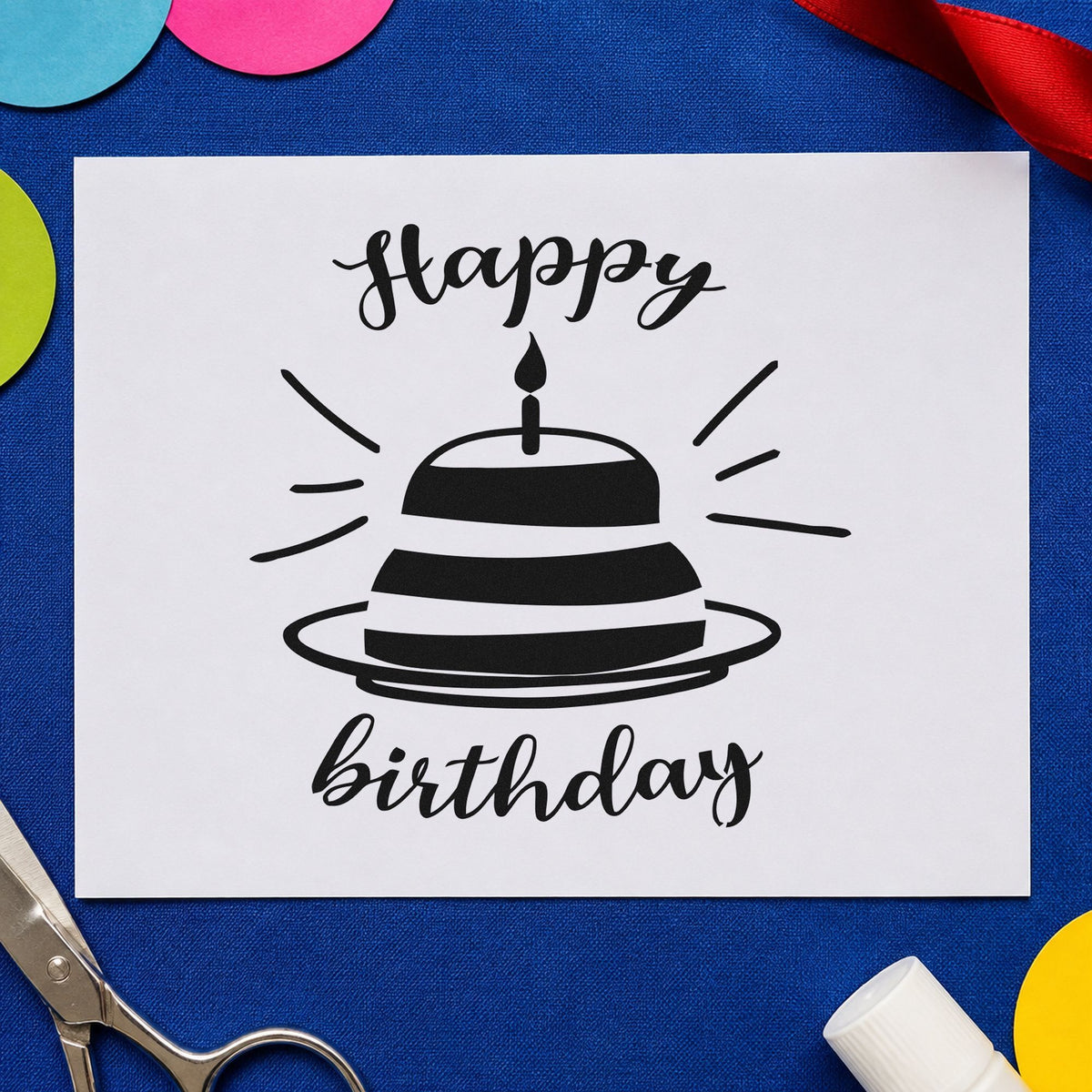Happy Birthday Cake Rays rubber stamp printed in black ink, ready for single candle cards and similar paper crafts.