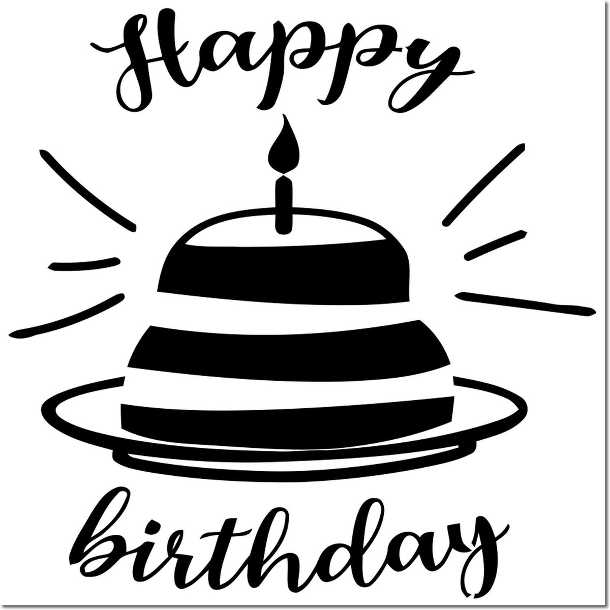 Happy Birthday rubber stamp with cake and candle design, perfect for greeting cards, scrapbooking, and party crafts.