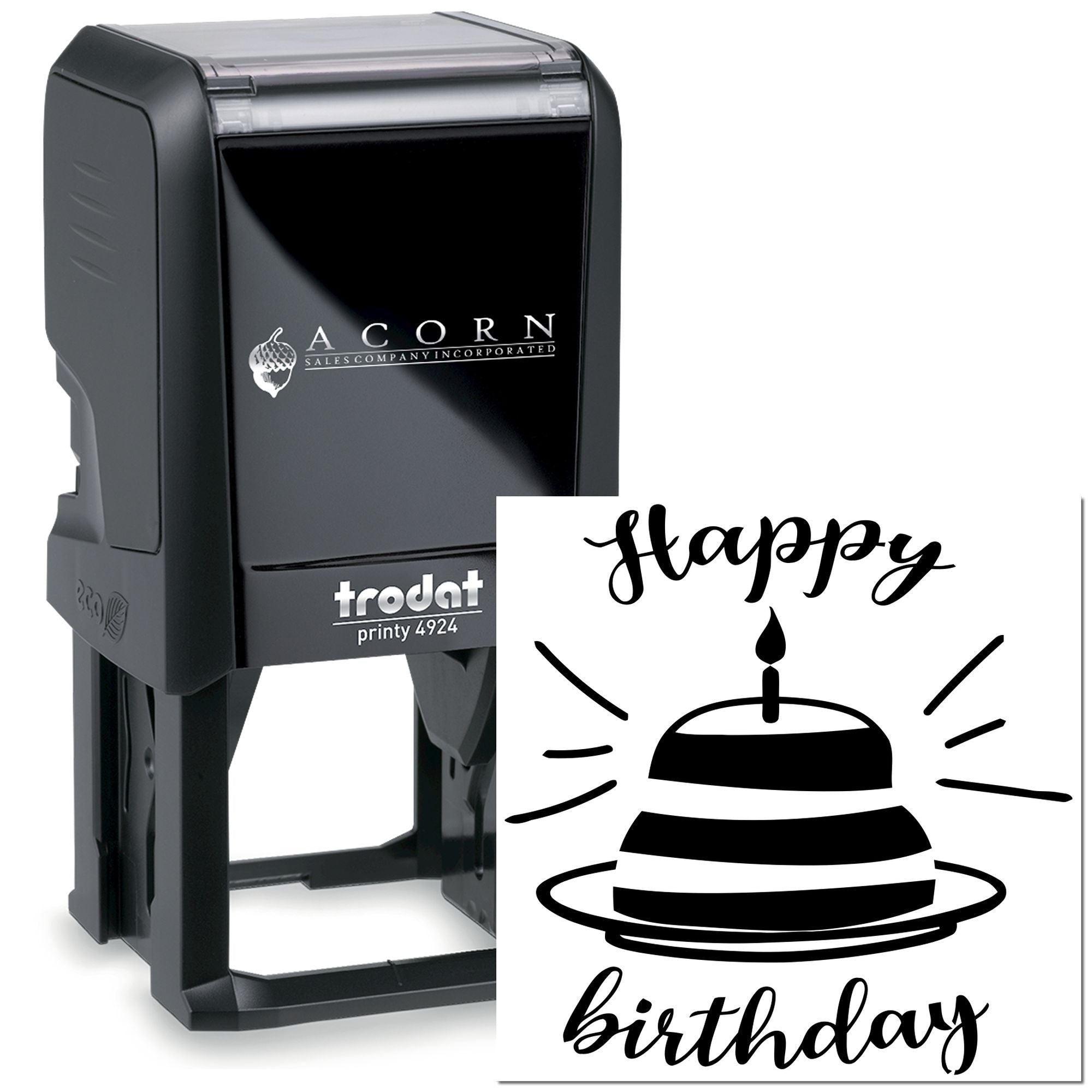 Custom self-inking Trodat Printy 4924 rubber stamp with Happy Birthday cake design for cards, invitations, and packaging