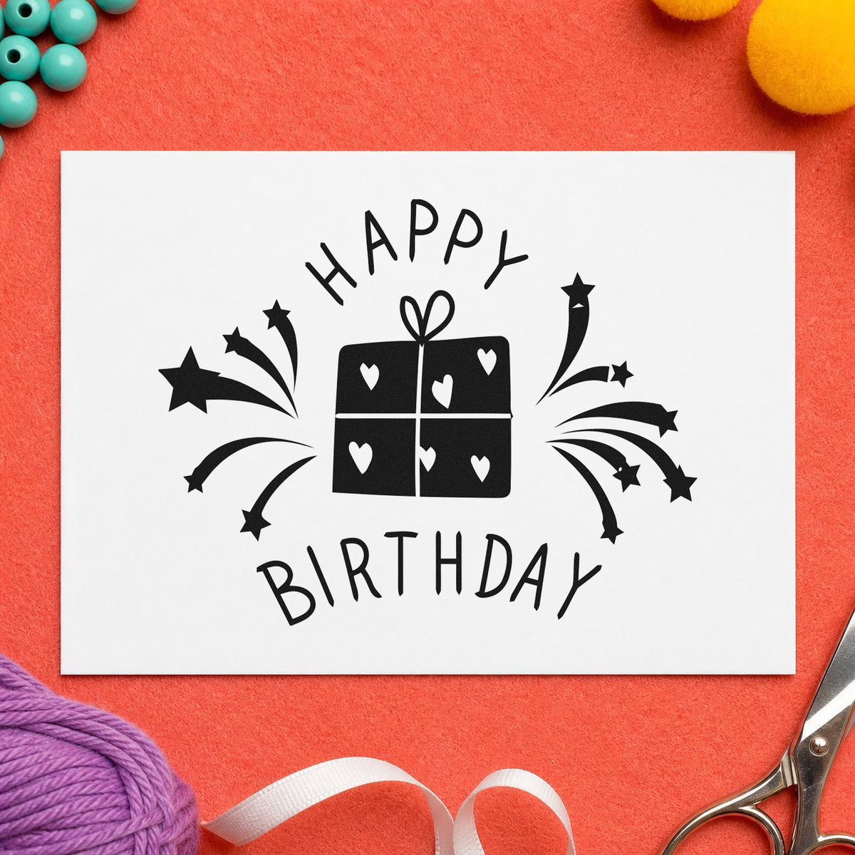 Birthday Heart Gift Fireworks craft stamp in black ink on cardstock, an easy option for toy drive album page.