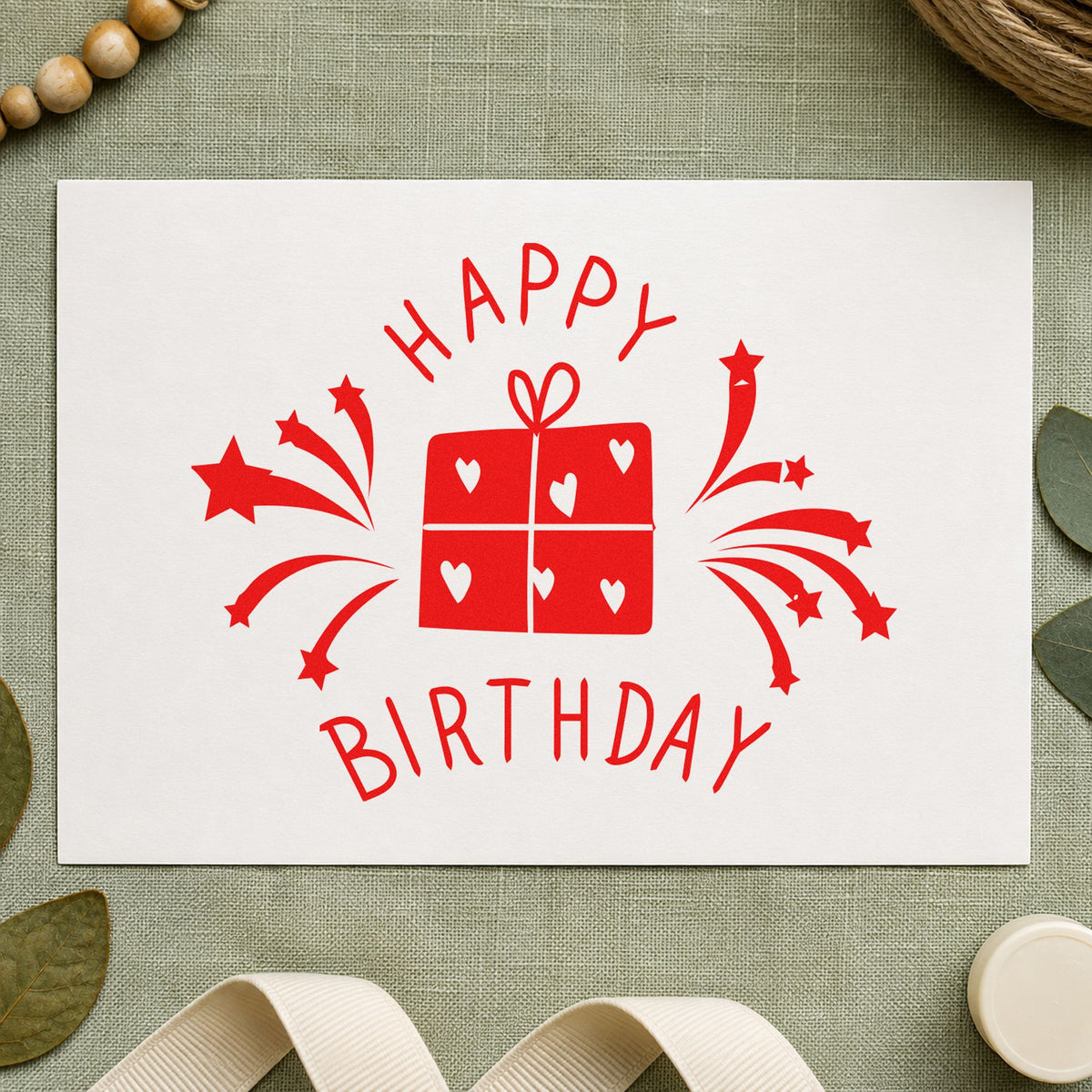 Birthday Heart Gift Fireworks craft stamp imprint in red ink on a handmade project, one idea being donor thanks cards.