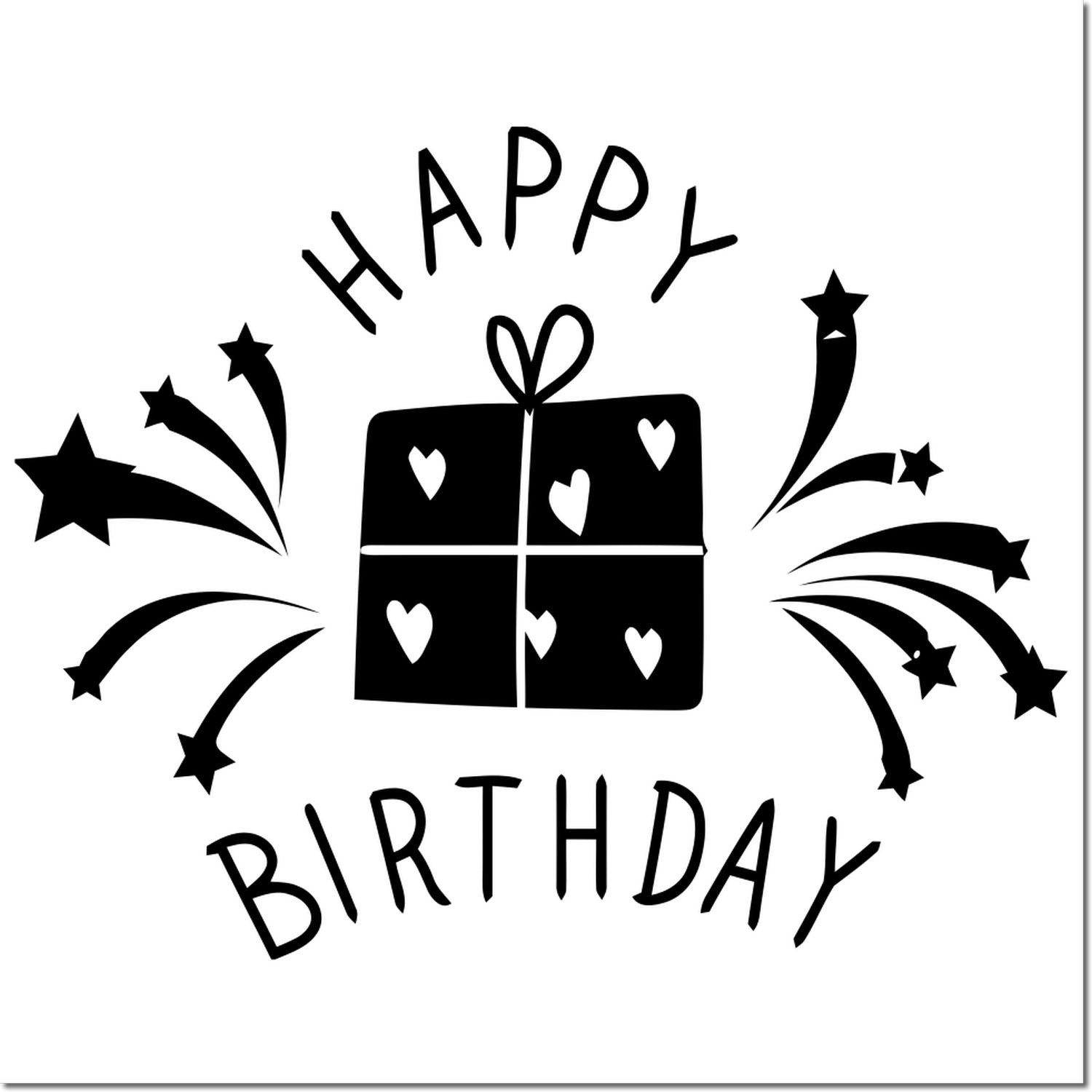 Happy Birthday rubber stamp design with gift box, hearts, and starburst fireworks for birthday cards and crafts
