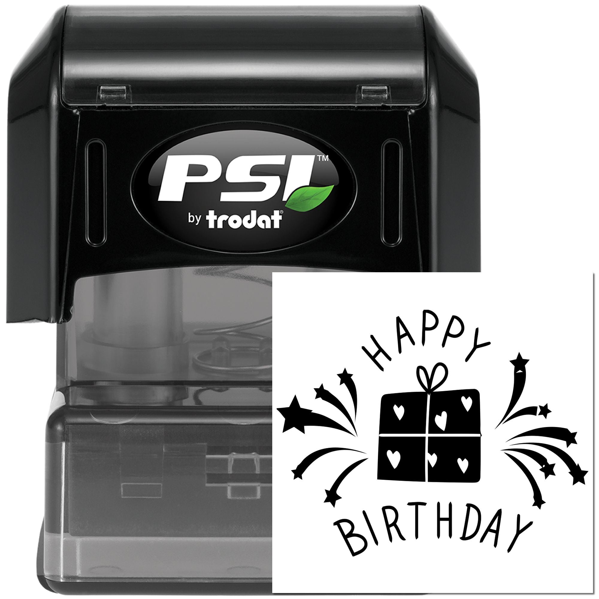PSI by Trodat self-inking rubber stamp with Happy Birthday gift design for custom birthday cards, party favors and labels