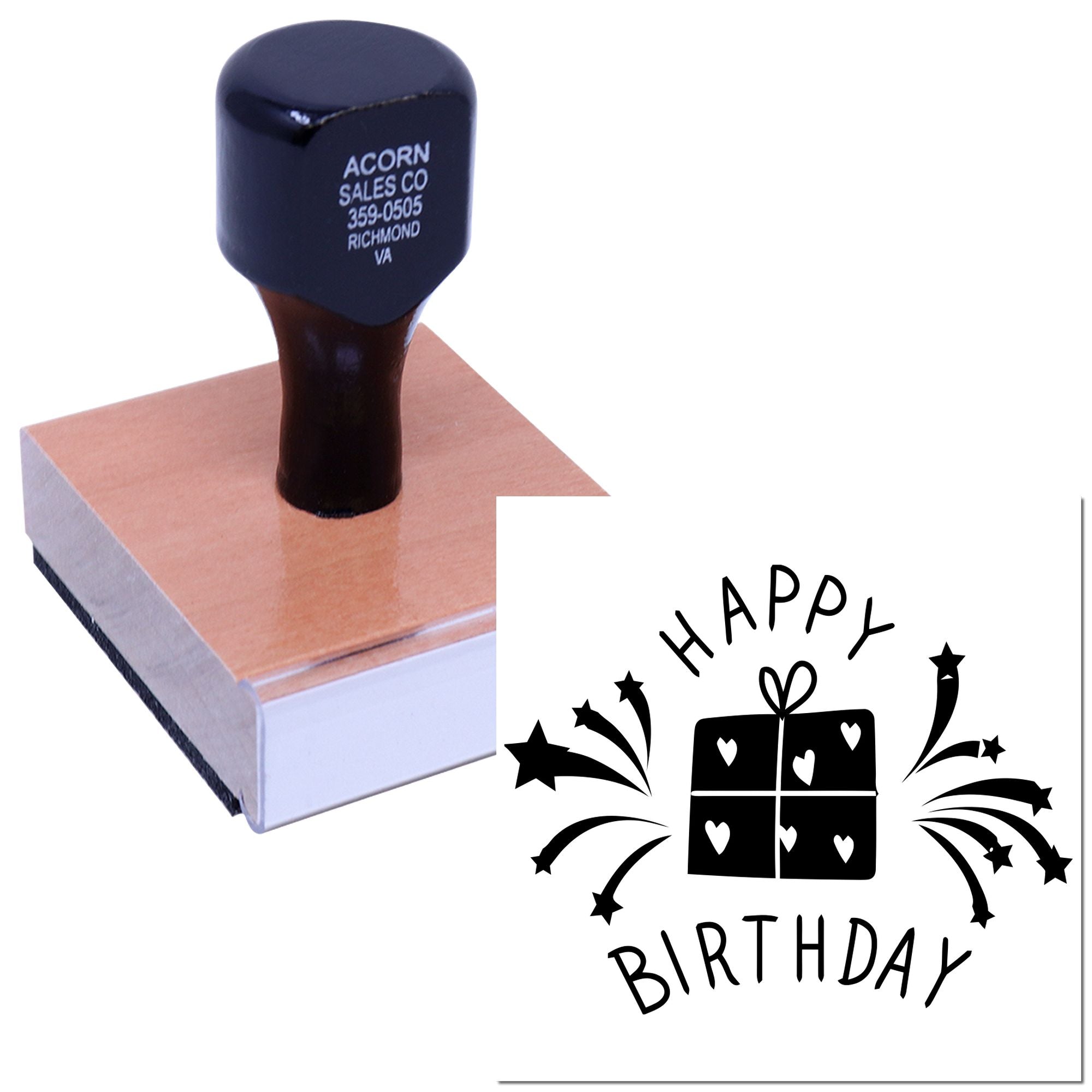 Custom Happy Birthday rubber stamp for cards and invitations, with gift box design for festive party stamping.