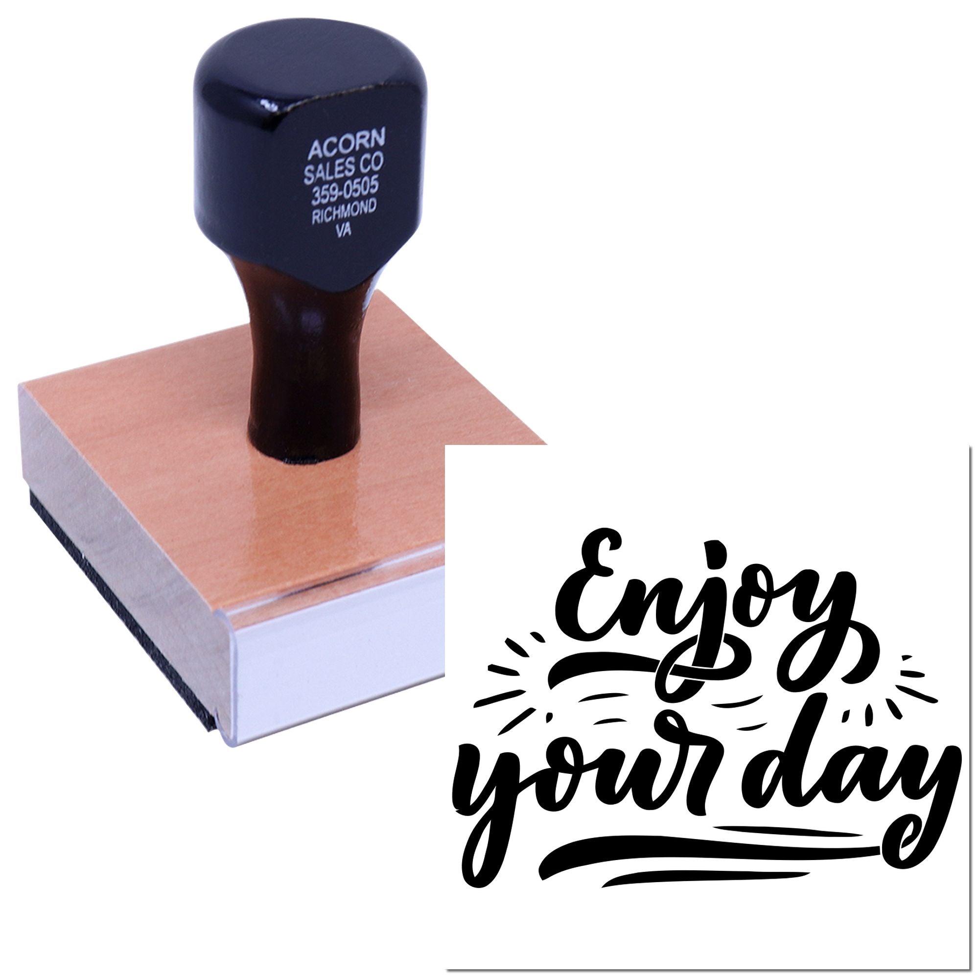 Custom rubber stamp with Enjoy your day design and business logo impression for branding, packaging, and promotions.