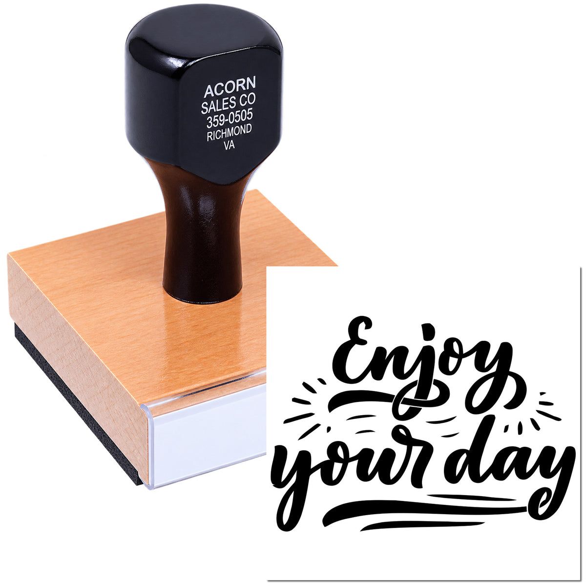 Custom rubber stamp with Enjoy your day design and business logo impression for branding, packaging, and promotions.