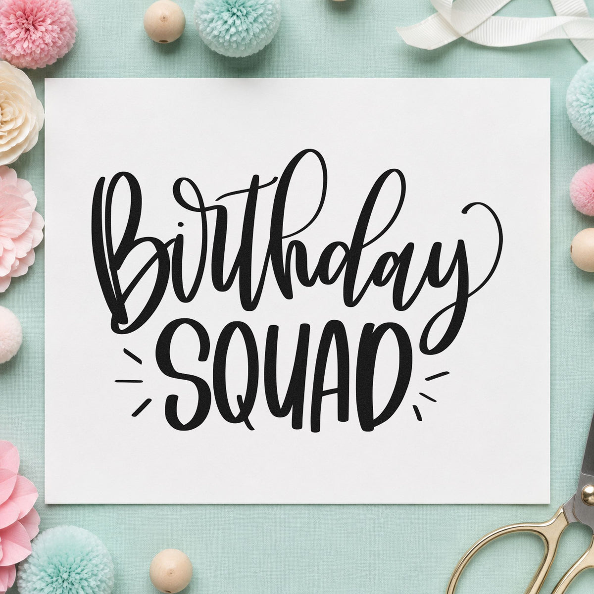 Birthday Squad Accent Lettering craft stamp in black ink on cardstock, an easy option for birthday run album page.