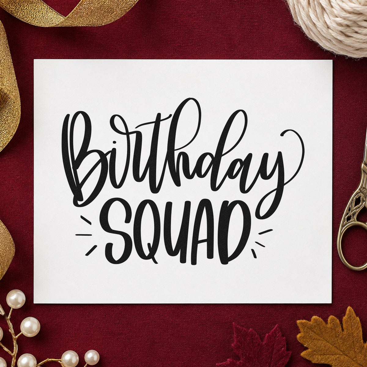 Birthday Squad Accent Lettering craft stamp imprint in black ink on a handmade project, one idea being bib pack gift tags.