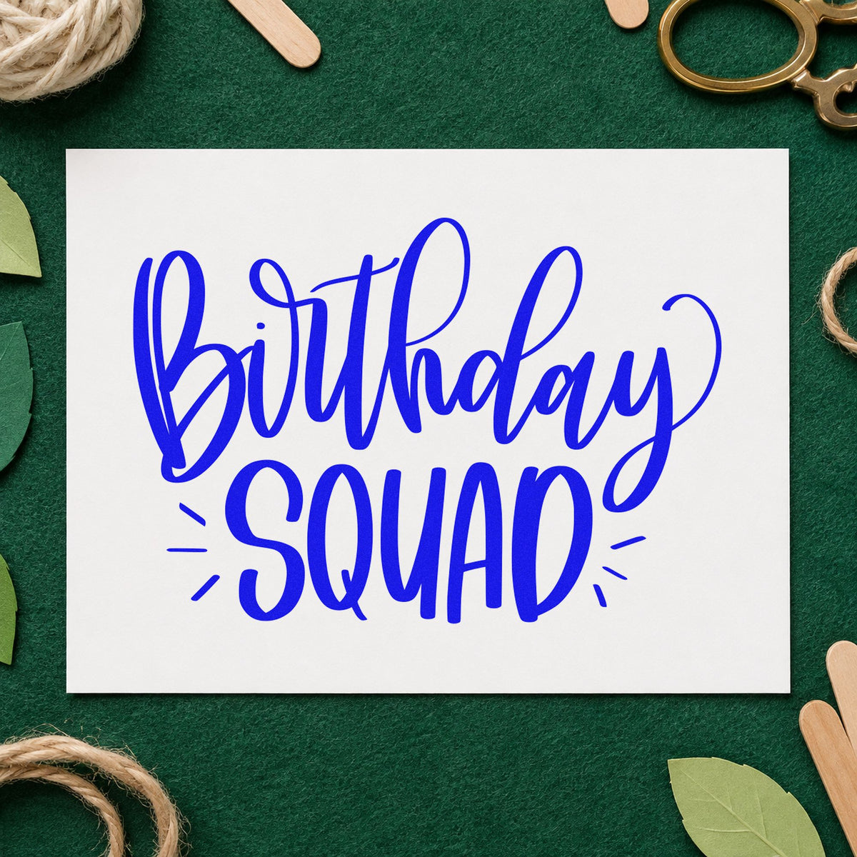 Birthday Squad Accent Lettering craft stamp imprinted in blue ink on paper, a design suited to framed front door.