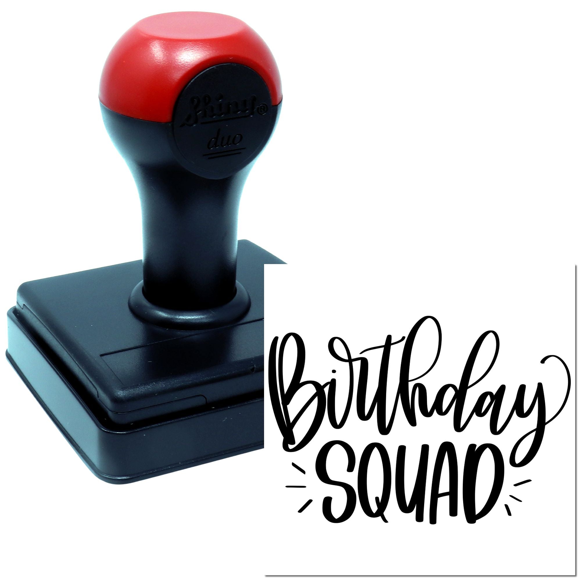 Birthday Squad self-inking rubber stamp with custom black ink design for party favors, invitations, and celebration cards.
