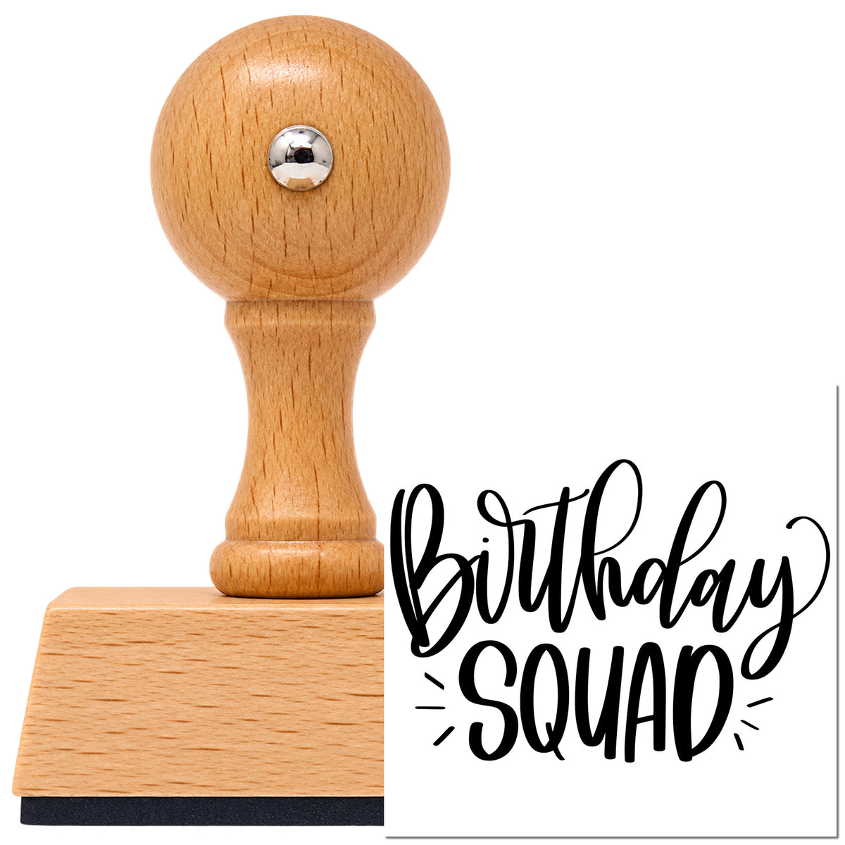 Birthday Squad Accent Word Art Vintage Pro rubber stamp in European beech wood with a round knob handle, shown beside its black imprint.