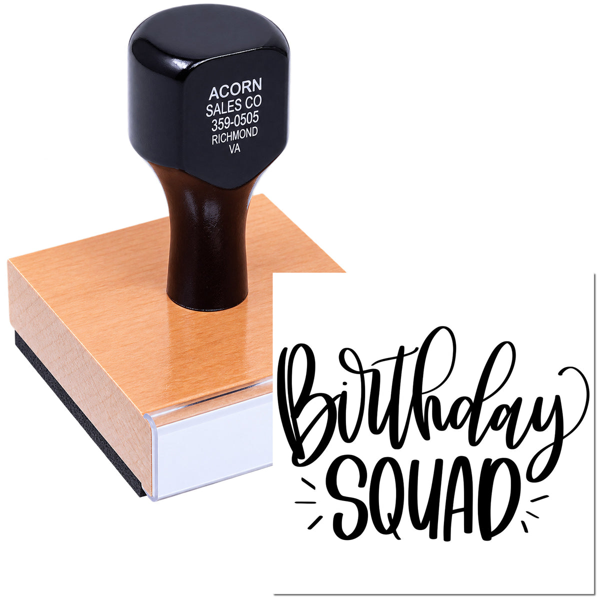 Custom rubber stamp for birthday squad events, shown with inked handle and bold Birthday Squad design.