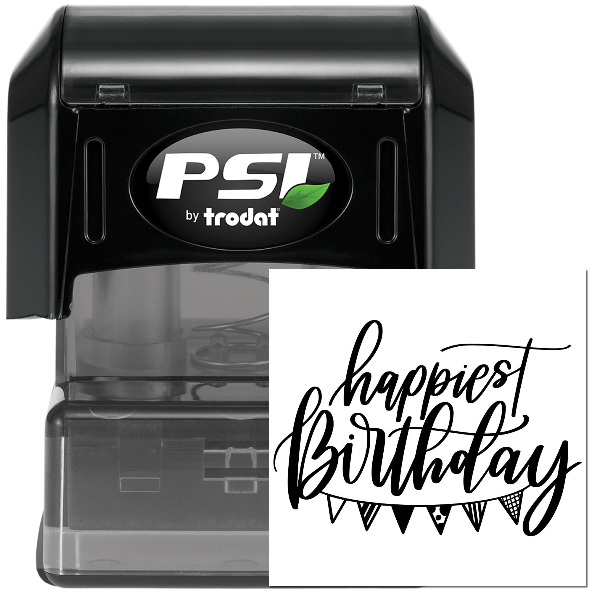 PSI by Trodat self-inking rubber stamp with "happiest birthday" design for custom birthday cards and party favors