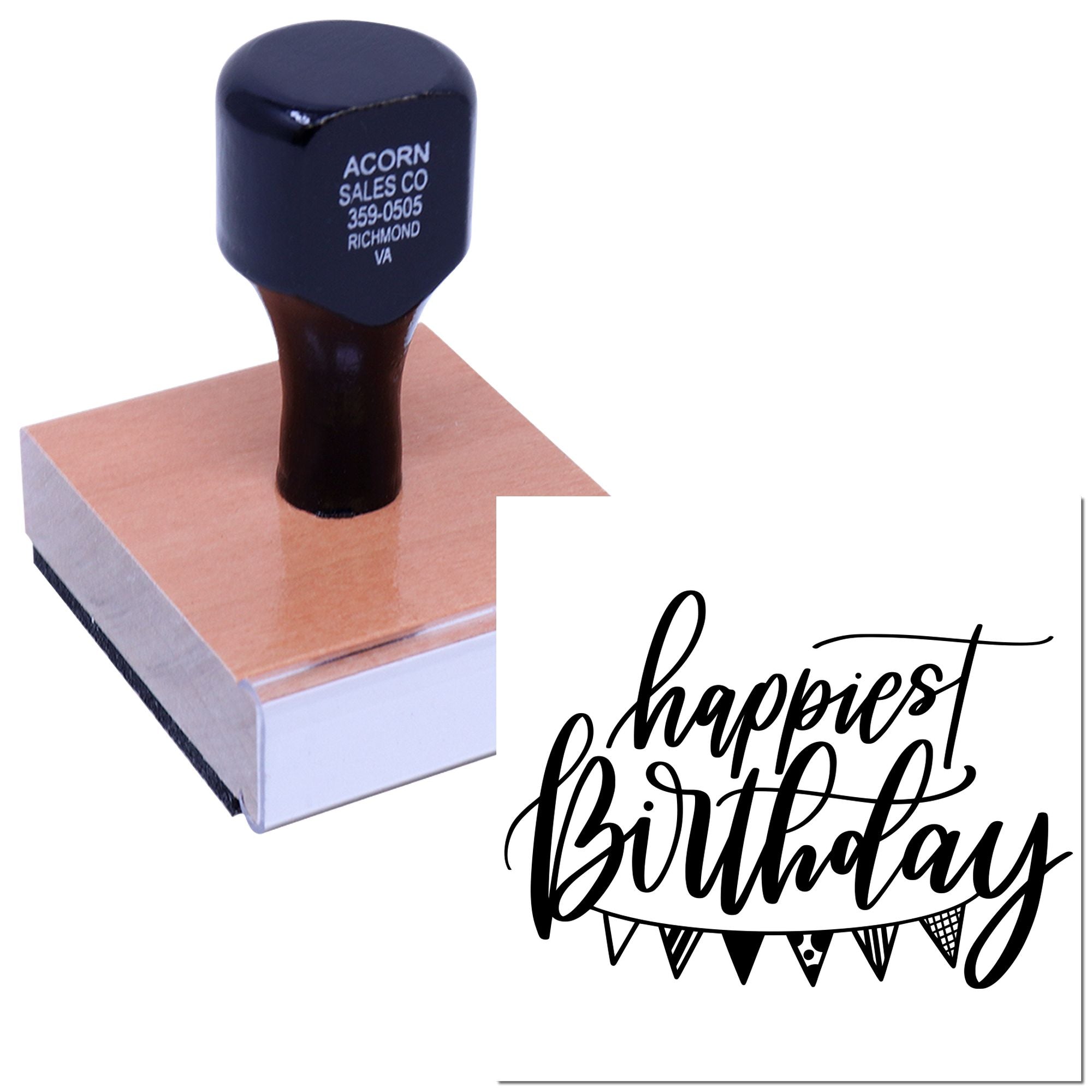 Custom rubber stamp with Happiest Birthday design for handmade birthday cards, gift wrap, and party favors.