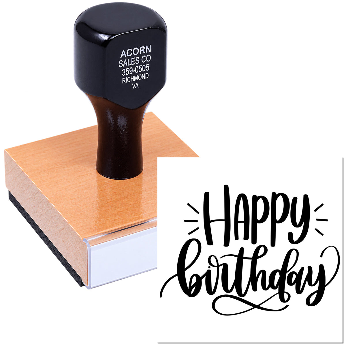 Happy Birthday rubber stamp with custom wood handle for greeting cards, crafts, and packaging.