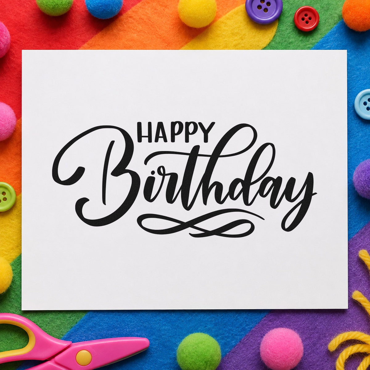 Happy Birthday Infinity Flourish craft stamp imprint in black ink on a handmade project, one idea being trail kit gift tags.