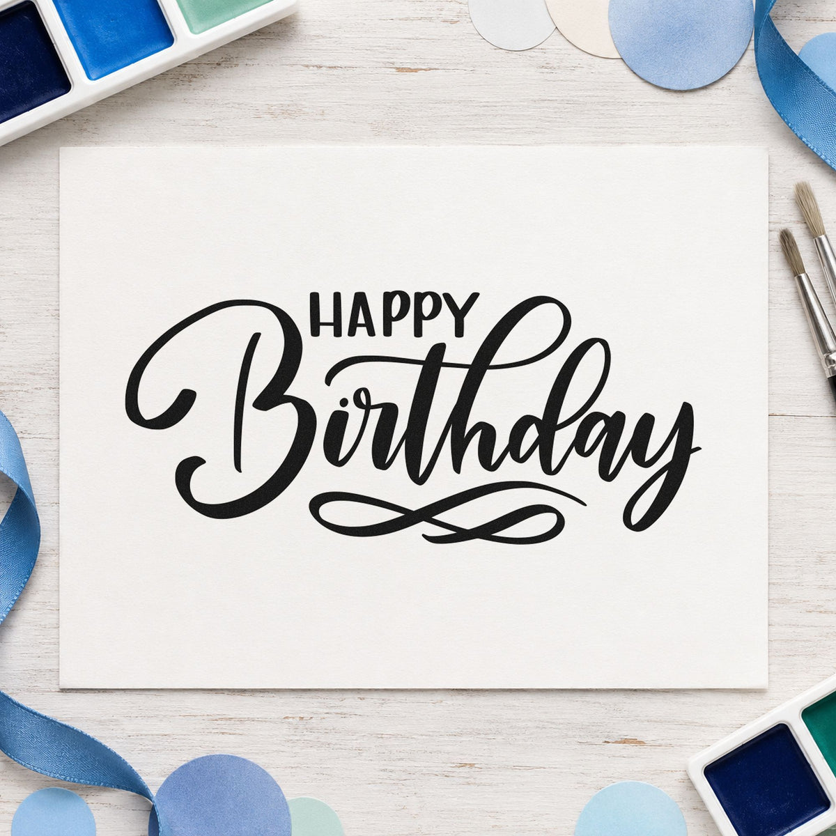Happy Birthday Infinity Flourish rubber stamp printed in black ink, ready for looped flourish cards and similar paper crafts.