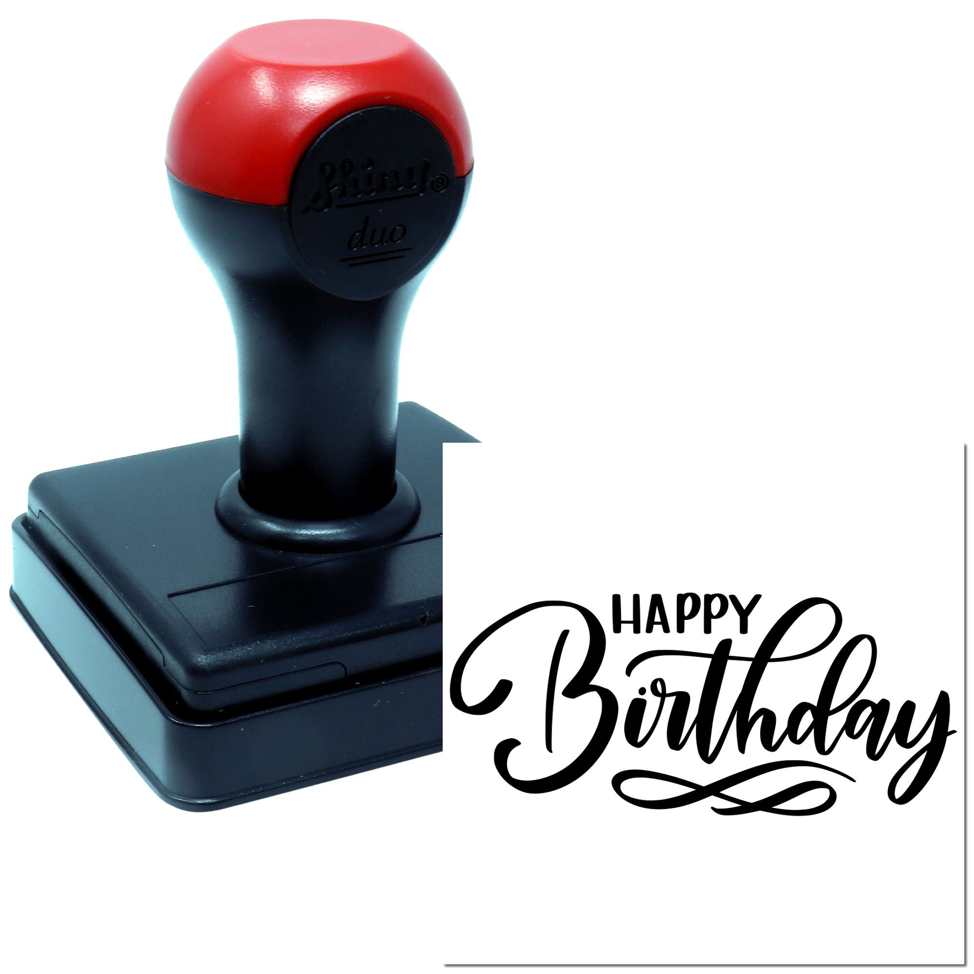 Self-inking rubber stamp with Happy Birthday design for birthday cards, invitations, and party crafts.
