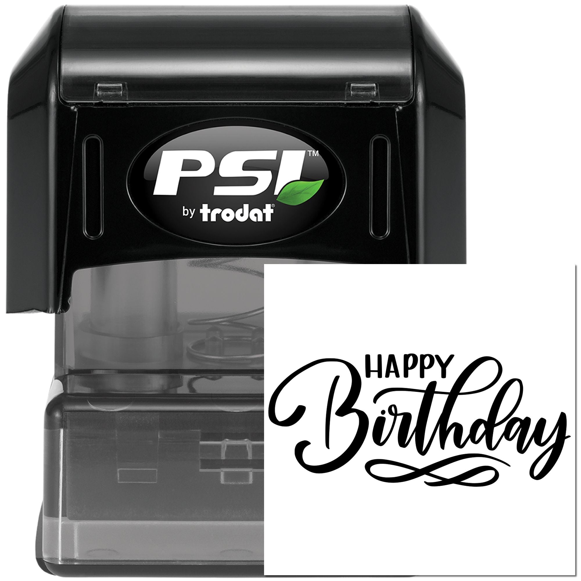 PSI by Trodat self-inking rubber stamp with Happy Birthday message for custom birthday cards, invitations, and party crafts.