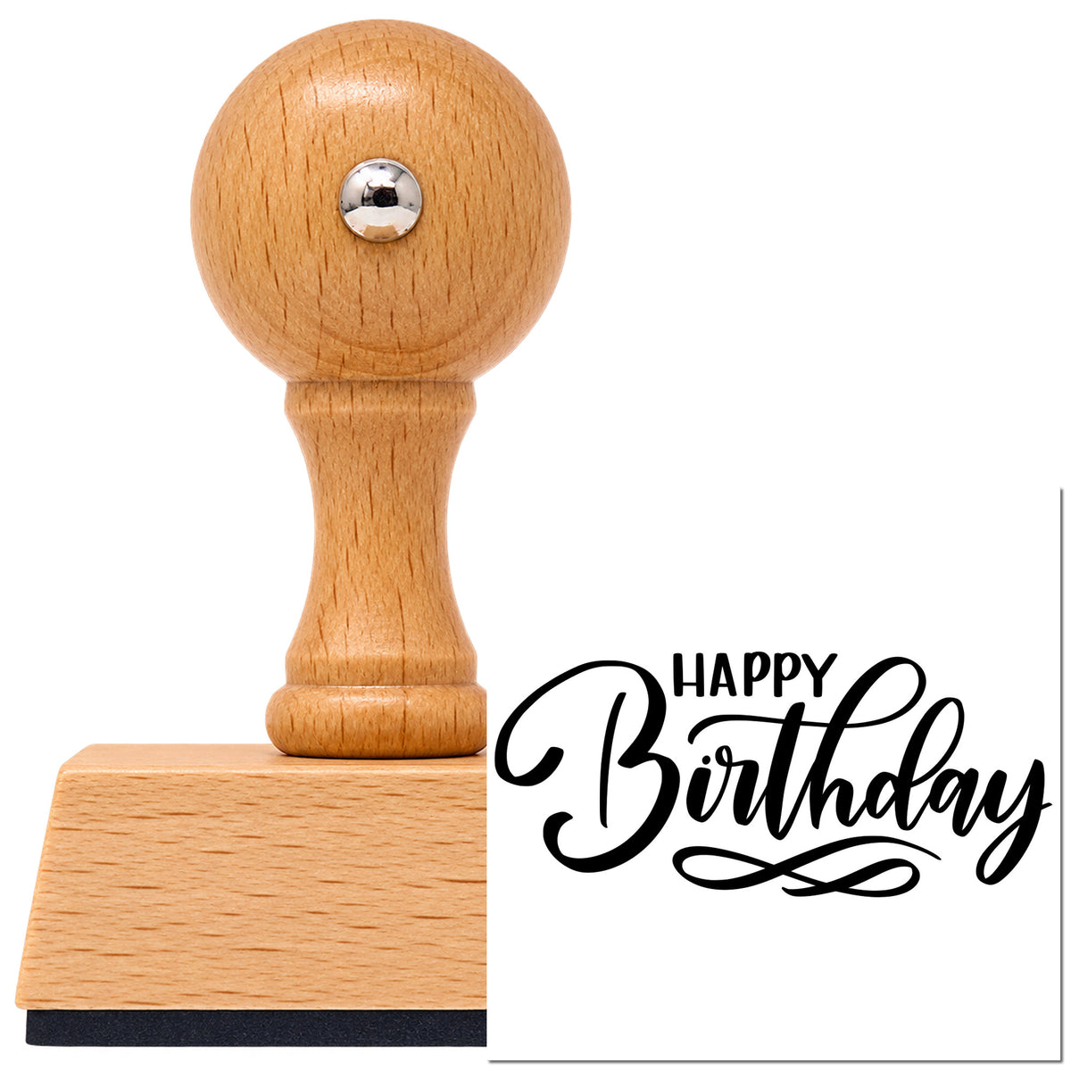 Happy Birthday Infinity Flourished Lettering Vintage Pro rubber stamp in European beech wood with a round knob handle, shown beside its black imprint.