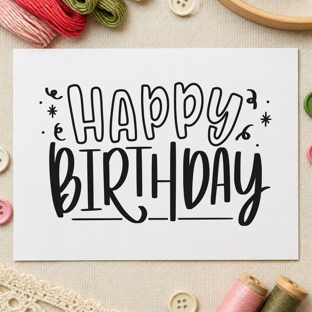 Outlined Happy Birthday Confetti craft stamp in black ink on cardstock, an easy option for sticker year album page.