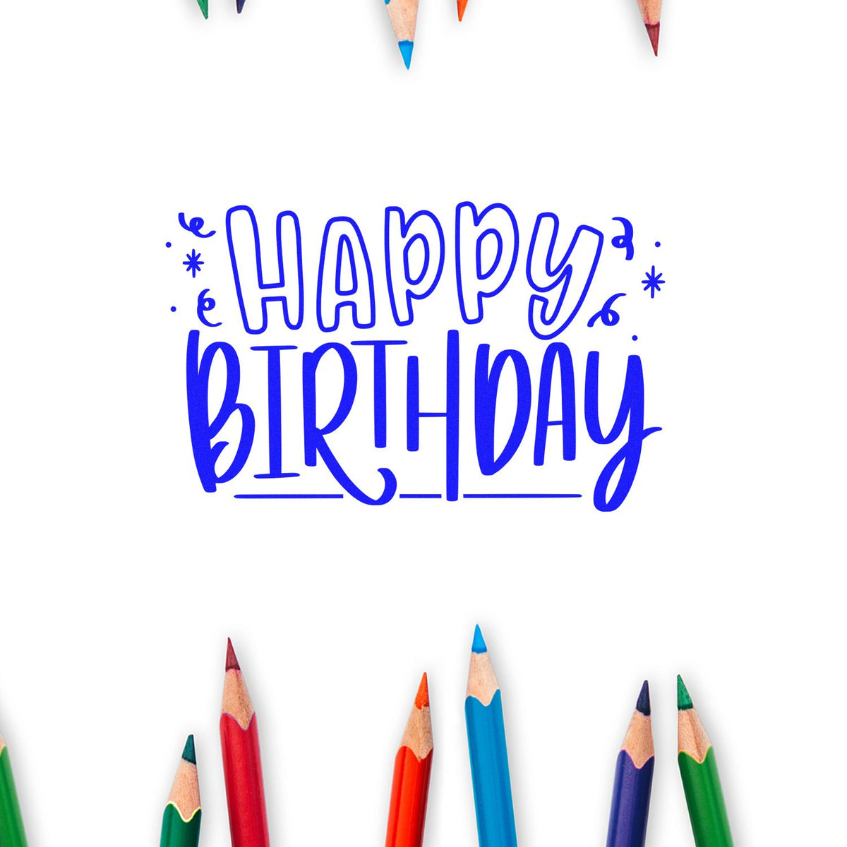Outlined Happy Birthday Confetti rubber stamp shown in blue ink, stamped for projects such as sticker year album page.