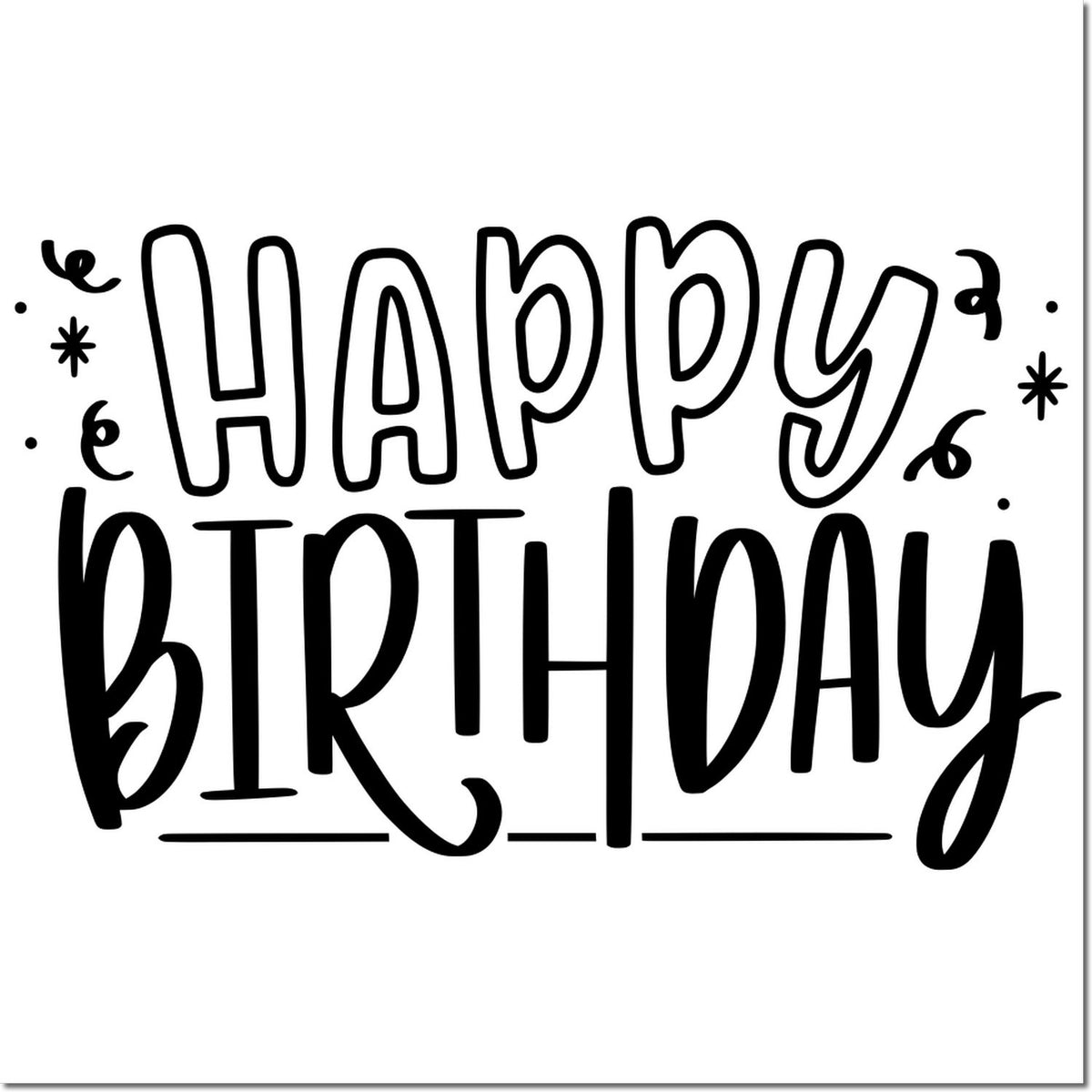 Happy Birthday rubber stamp design with bold hand-lettered lettering and festive confetti accents.