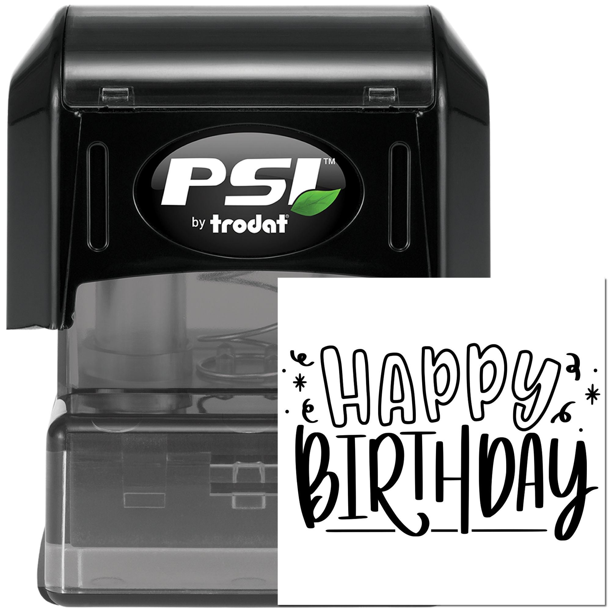 PSI by Trodat self-inking rubber stamp with custom Happy Birthday design for personalized birthday cards and crafts