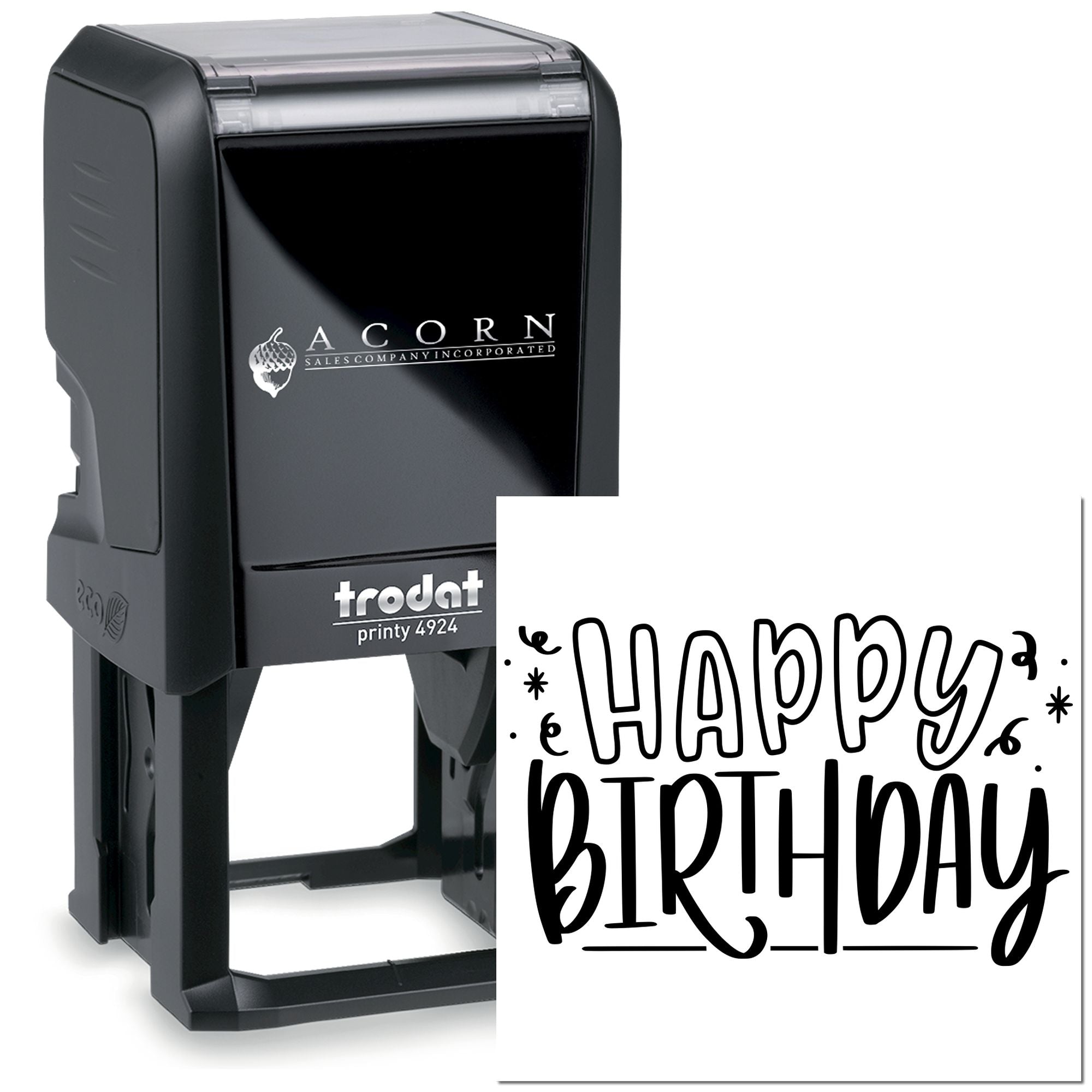 Self-inking Trodat rubber stamp with Happy Birthday impression for custom birthday cards and party stationery.