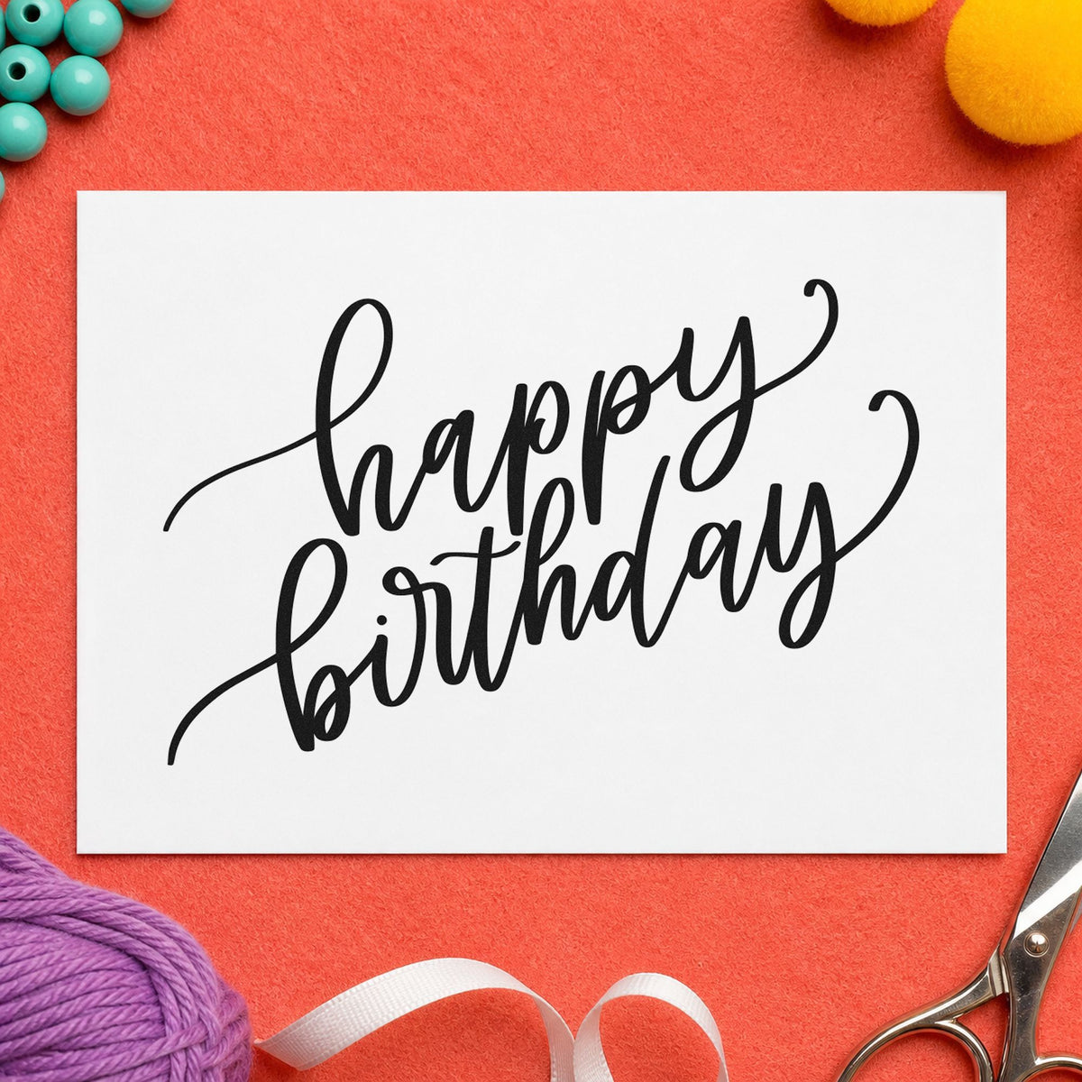 Happy Birthday Diagonal Script rubber stamp printed in black ink, ready for milestone list sheet and similar paper crafts.