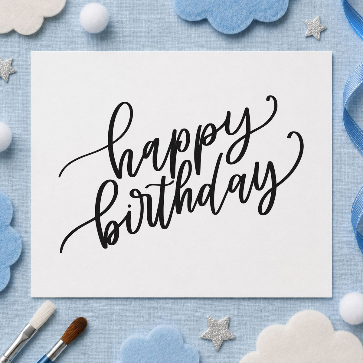 Happy Birthday Diagonal Script rubber stamp printed in black ink, ready for tilted script cards and similar paper crafts.