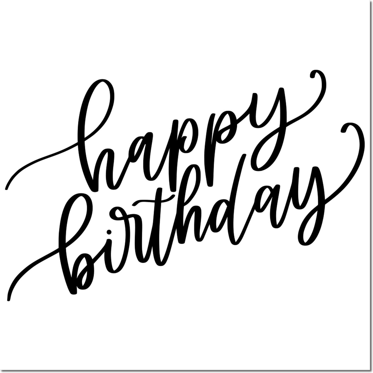 Happy Birthday script rubber stamp design for handmade cards, party crafts, and birthday greetings.