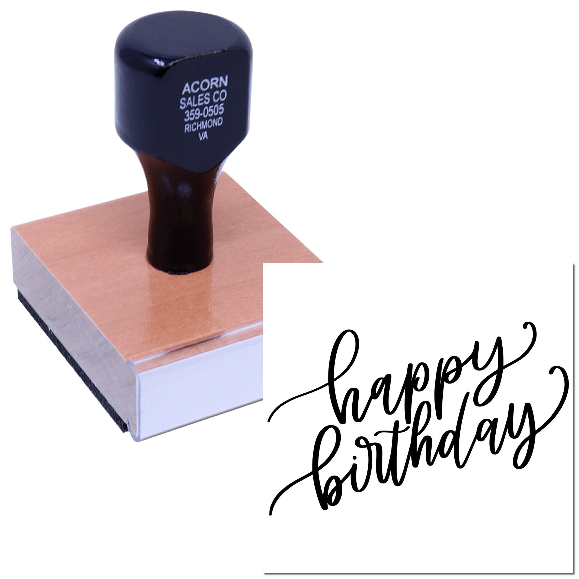 Custom rubber stamp with happy birthday design for personalized cards, invitations, and craft projects.
