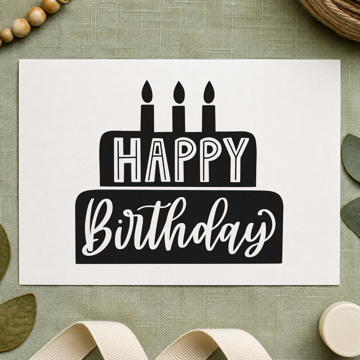 Happy Birthday Solid Cake craft stamp in black ink on cardstock, an easy option for truck year album page.