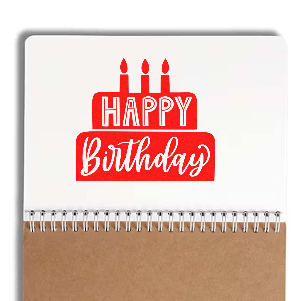 Happy Birthday Solid Cake rubber stamp shown in red ink, stamped for projects such as truck year album page.