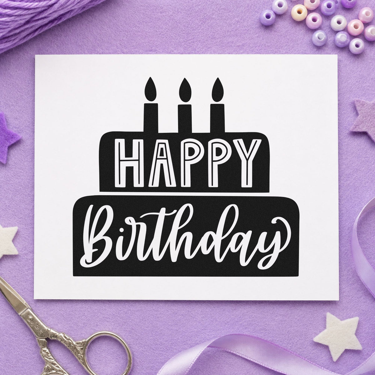 Happy Birthday Solid Cake craft stamp imprint in black ink on a handmade project, one idea being box order gift tags.