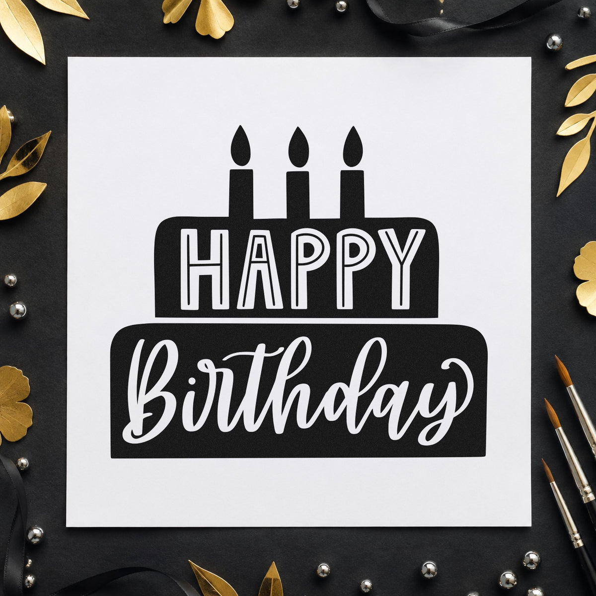 Happy Birthday Solid Cake rubber stamp printed in black ink, ready for event book sheet and similar paper crafts.