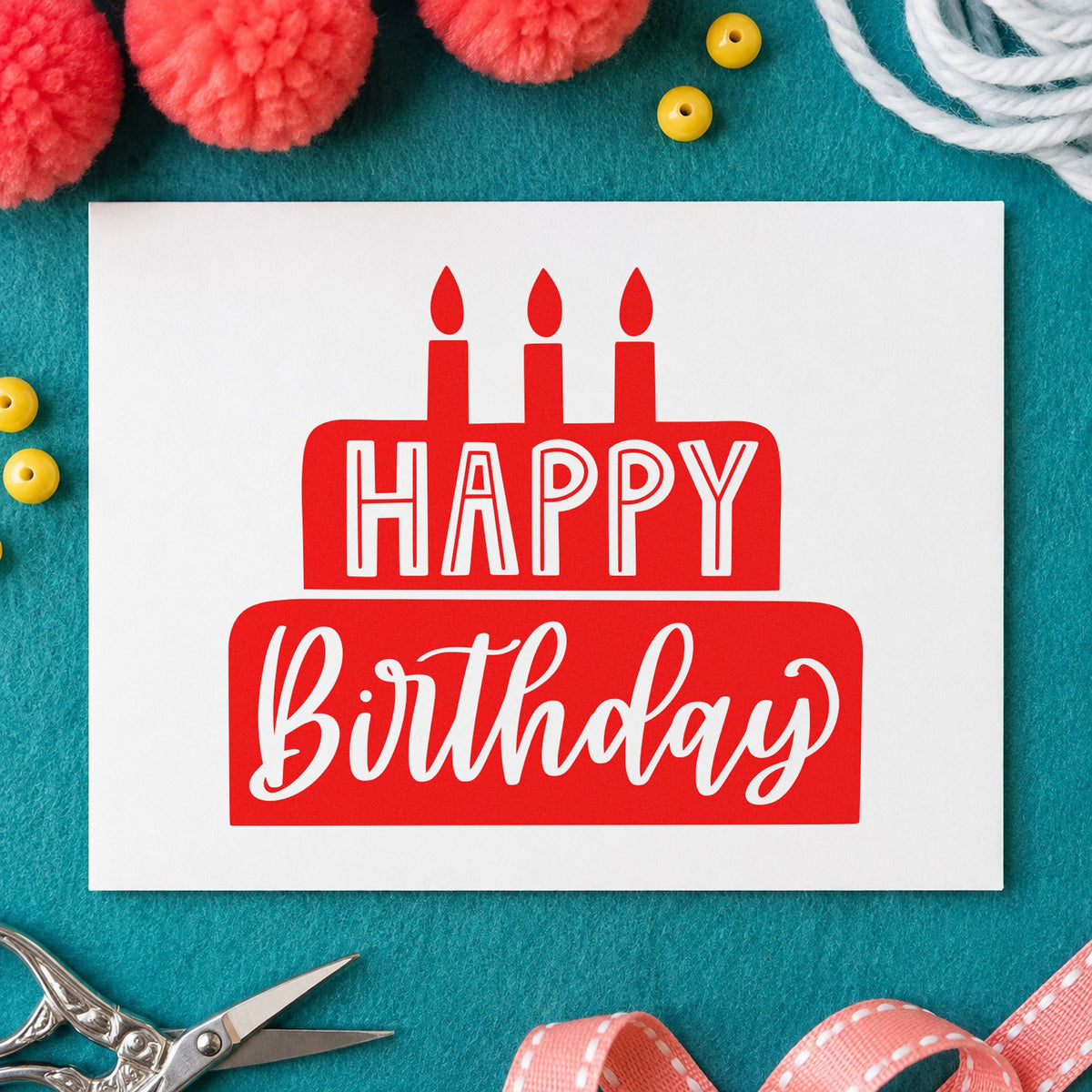 Happy Birthday Solid Cake rubber stamp shown in red ink, stamped for projects such as bin flavor labels.